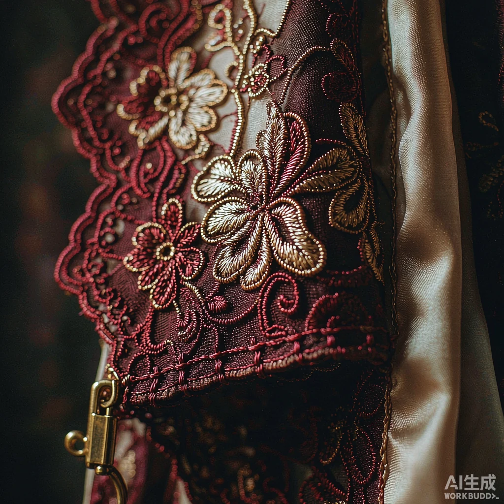 手工车缝的酒红蕾丝扇贝形边缘与黄铜扣件